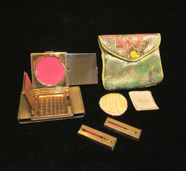 1930s La Mode Guilloche Enamel Powder Rouge And Lipstick Compact Excellent Condition