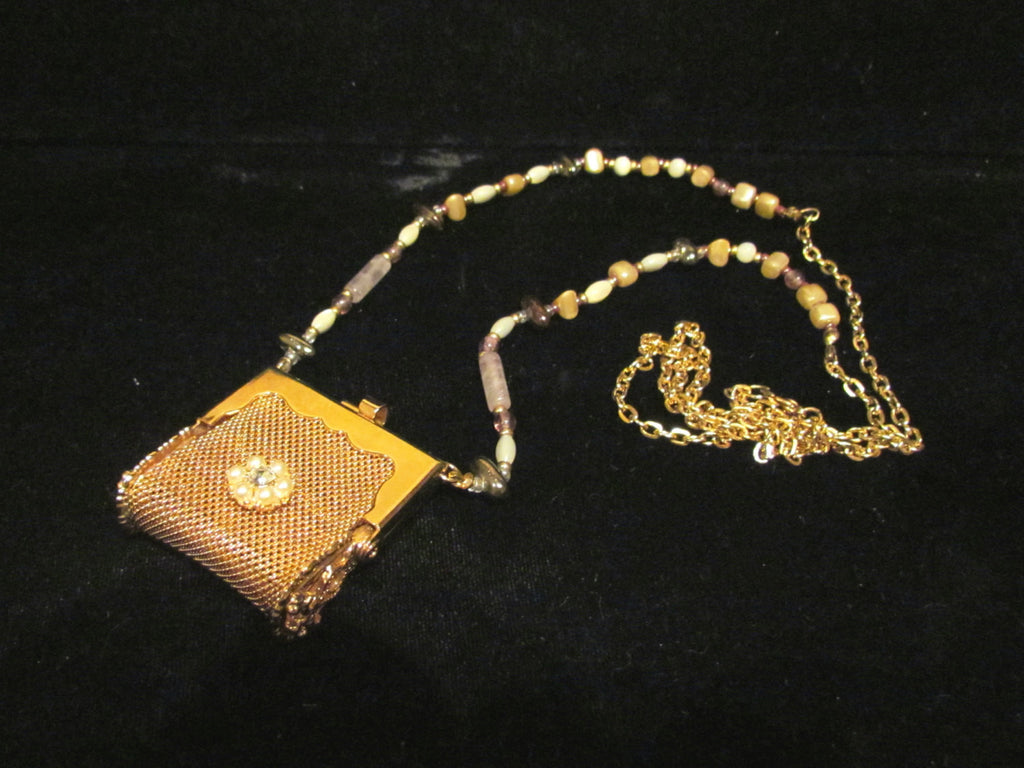 Vintage Pill Purse Pendant Necklace OOAK Handmade Beaded Chatelaine Mesh Coin Purse