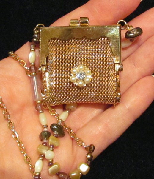 Vintage Pill Purse Pendant Necklace OOAK Handmade Beaded Chatelaine Mesh Coin Purse