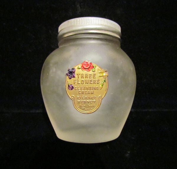 1920's Richard Hudnut Three Flowers Jar Vanishing Cream Frosted Satin Bottle Gold Foil Label Litho Lid