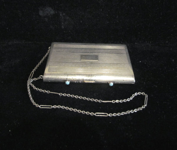 1910s Nickel Silver Compact Purse Turquoise Clasps Dance Purse Excellent Condition