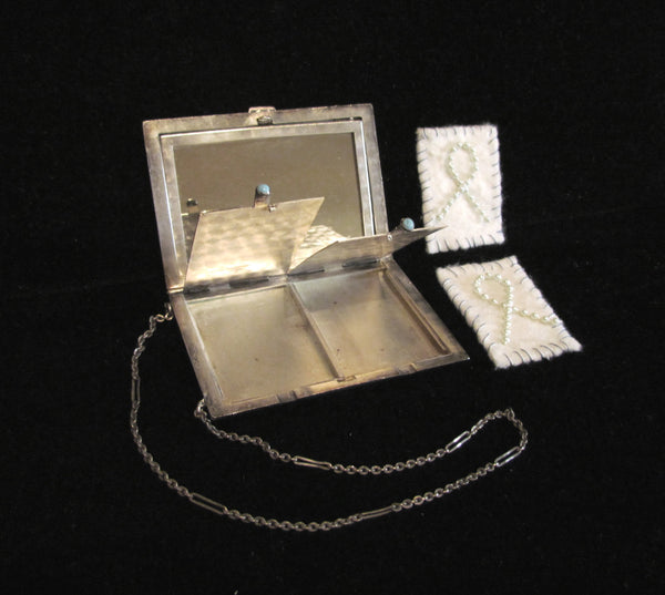 1910s Nickel Silver Compact Purse Turquoise Clasps Dance Purse Excellent Condition