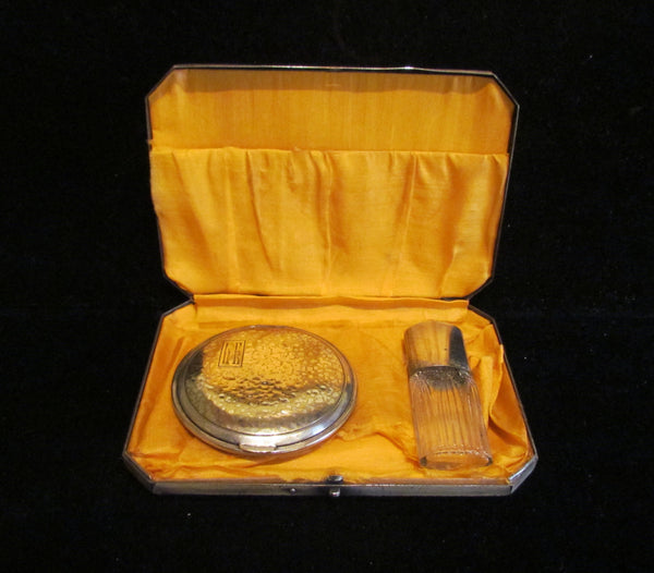 Circa 1900's Silver Vanity Box Compact Perfume Bottle Set Antique Box Mirror Powder Compact Victorian Vanity Set Dresser Accessory