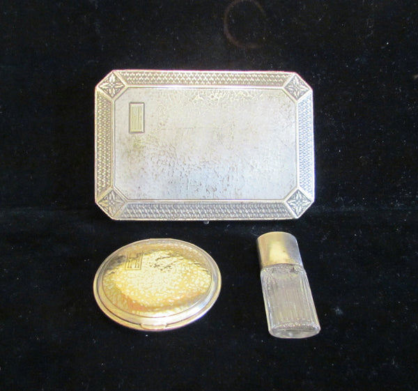 Circa 1900's Silver Vanity Box Compact Perfume Bottle Set Antique Box Mirror Powder Compact Victorian Vanity Set Dresser Accessory