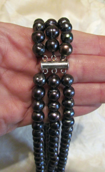 3 Strand Black Pearl Necklace 7.5mm Freshwater Black Pearls 925 Sterling Clasp Handmade OOAK