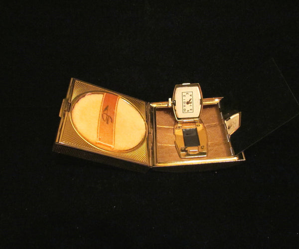 1940's Evans Clock Compact Steamer Trunk Powder Compact Watch Rare Unused Working