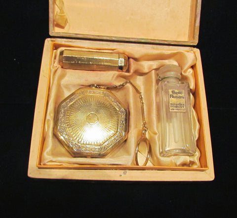 1920's Richard Hudnut Three Flowers Gift Box Art Deco Perfume Compact Purse & Lipstick Rare Gift Set