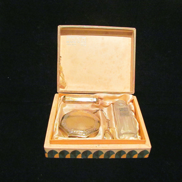 1920's Richard Hudnut Three Flowers Gift Box Art Deco Perfume Compact Purse & Lipstick Rare Gift Set