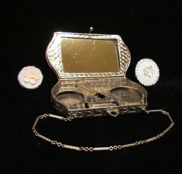 Guilloche Enamel Compact Purse 1920's Hand Painted Bird Makeup Case Dance Purse