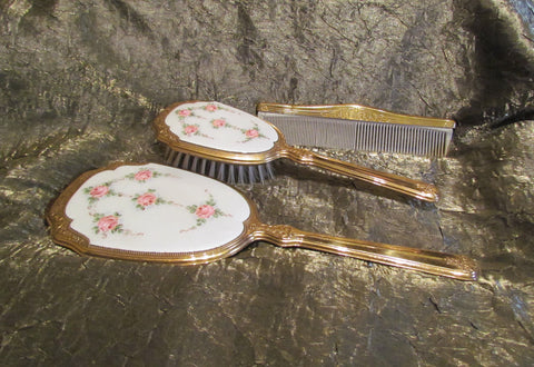 1930's Guilloche Vanity Set Vintage Dresser Set Enamel Brush Mirror & Comb Rare