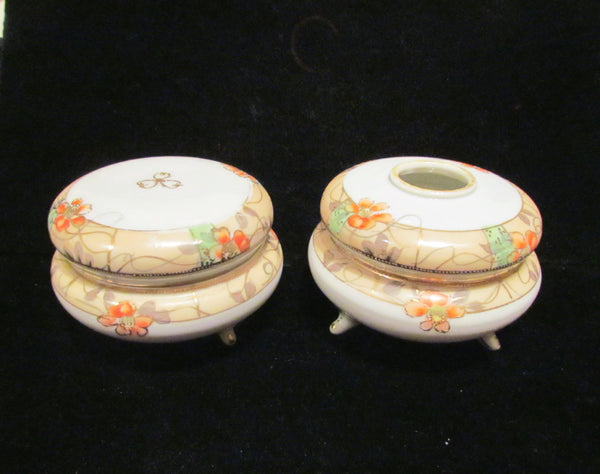 1920s Nippon Powder Jar And Hair Receiver Set Gilded Hand Painted Vanity Set Powder Box