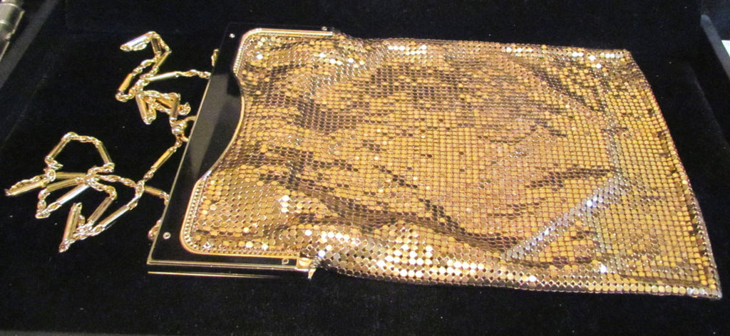 Whiting & Davis Art Deco Gold Mesh & Black Enamel Purse 1940's Flapper Evening Handbag RARE