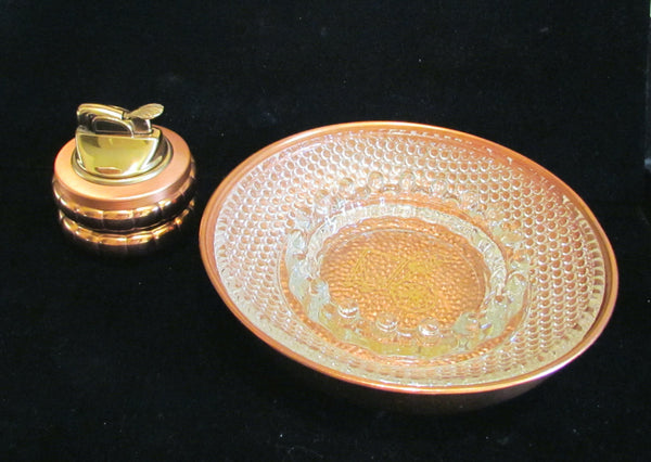 1950's Evans Copper Table Lighter &  Ashtray Set Tabletop Working Lighter