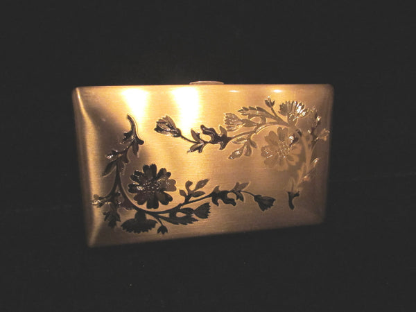 1950's Elgin American Compact Purse Gold Floral Etched In Original Box Excellent Unused Condition