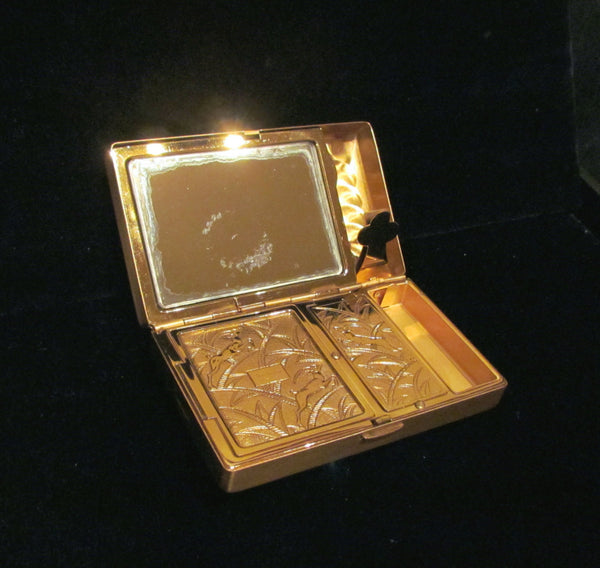 1950's Elgin American Compact Purse Gold Floral Etched In Original Box Excellent Unused Condition