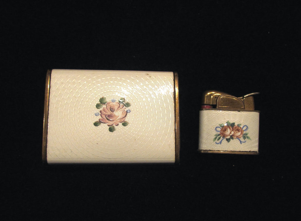 Vintage Evans Lighter Cigarette Case Set Guilloche Ladies Working Pocket Lighter & Case
