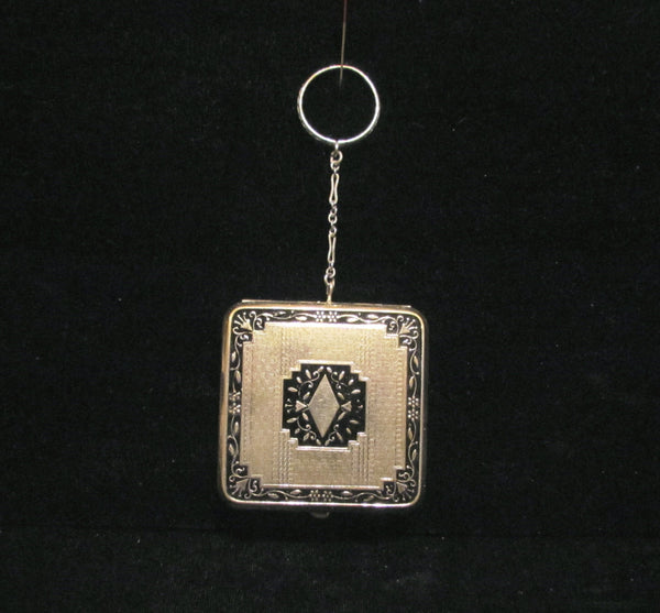 Art Deco Compact Purse 1920's Enamel Powder And Rouge Compact With Chatelaine Finger Ring