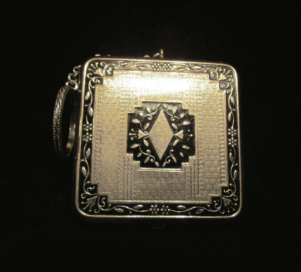Art Deco Compact Purse 1920's Enamel Powder And Rouge Compact With Chatelaine Finger Ring