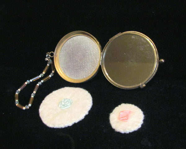 24kt Gold Overlay Guilloche Compact Purse OOAK Beaded Wristlet Chain