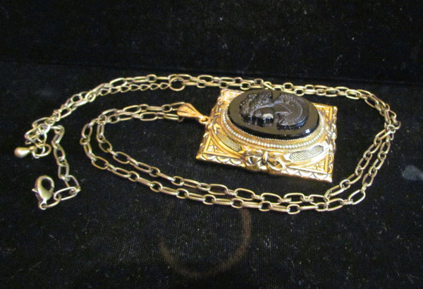 Black Cameo Locket Necklace Seed Pearls Gold Victorian Pendant 30 Inch Adjustable Chain
