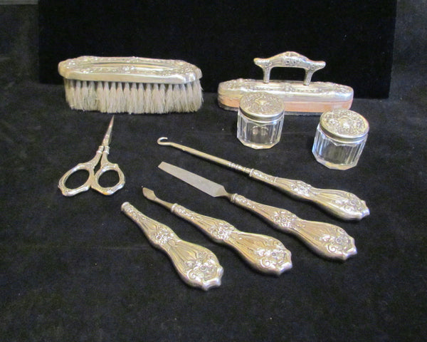 Sterling Silver Victorian Dresser Vanity 9 Piece Set 1800s German Grooming Set Nail Care Brush Jars Scissors