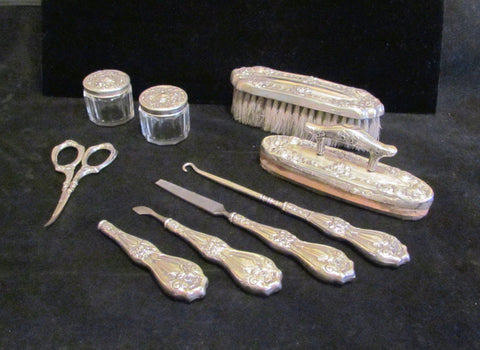 Sterling Silver Victorian Dresser Vanity 9 Piece Set 1800s German Grooming Set Nail Care Brush Jars Scissors