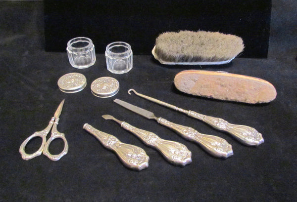 Sterling Silver Victorian Dresser Vanity 9 Piece Set 1800s German Grooming Set Nail Care Brush Jars Scissors