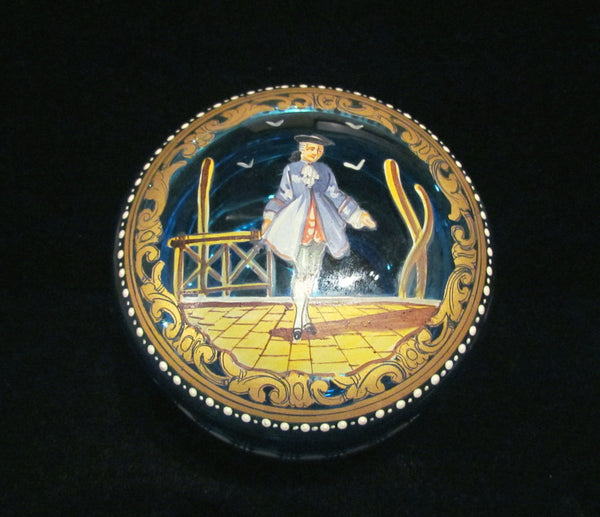 Antique French Powder Jar 1900s Hand Painted Cobalt Blue Powder Box Ormolu Accents Mint Condition