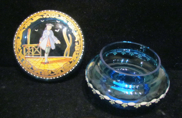 Antique French Powder Jar 1900s Hand Painted Cobalt Blue Powder Box Ormolu Accents Mint Condition