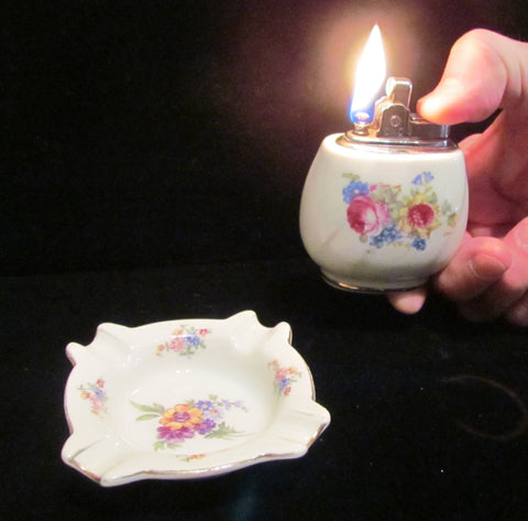 1950s Ceramic Hand Painted Floral Lighter & Ashtray Working Lighter