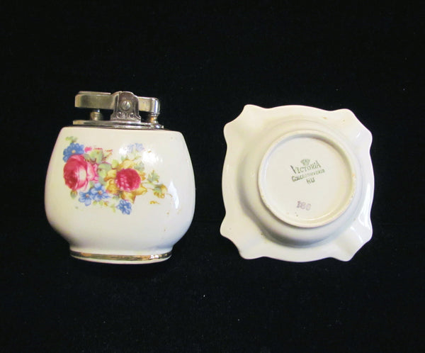 1950s Ceramic Hand Painted Floral Lighter & Ashtray Working Lighter