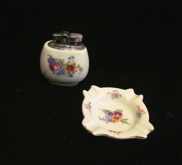 1950s Ceramic Hand Painted Floral Lighter & Ashtray Working Lighter