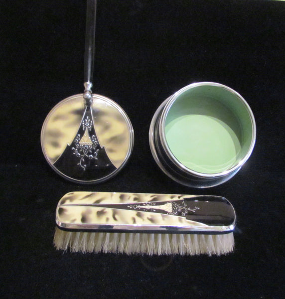 1930's Powder Box And Brush Set Art Deco Vanity Set Powder Jar And Clothing Brush Dresser Set