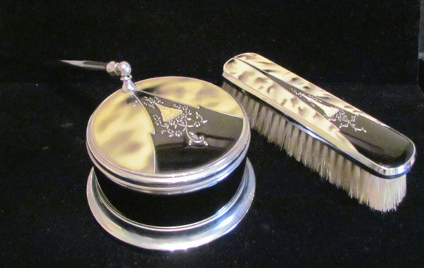 1930's Powder Box And Brush Set Art Deco Vanity Set Powder Jar And Clothing Brush Dresser Set