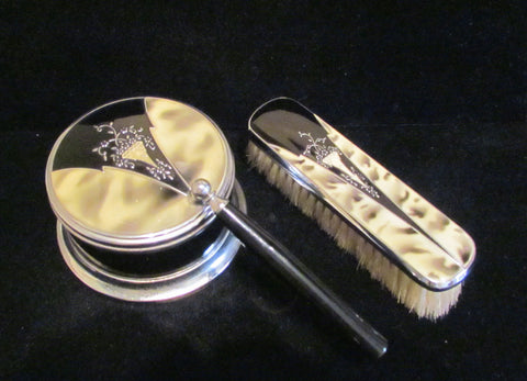 1930's Powder Box And Brush Set Art Deco Vanity Set Powder Jar And Clothing Brush Dresser Set