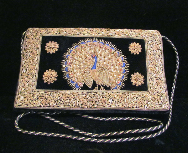 1940's Black Velvet Clutch Purse Art Deco Hand Embroidered Peacock Handbag Evening Bag