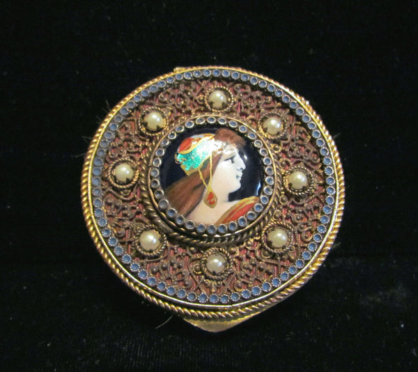 Rare 1800's French Portrait Gold Ormolu Filigree & Enamel Pearl Powder Mirror Compact