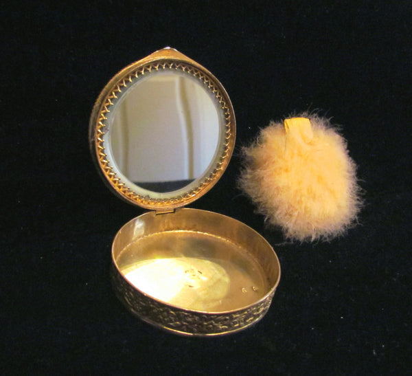 Rare 1800's French Portrait Gold Ormolu Filigree & Enamel Pearl Powder Mirror Compact