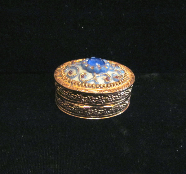 Jeweled Powder Box Compact Or Pill Box Blue & Red Enamel