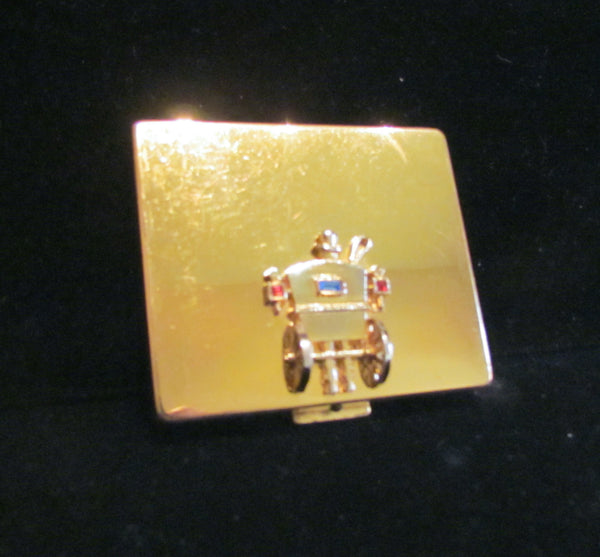 1940s Paul Flato Stage Coach Compact Gold Plated And Jeweled Powder Compact