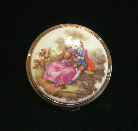 Vintage French Limoges Fragonard Compact Porcelain Courtship Powder & Mirror Compact Unused