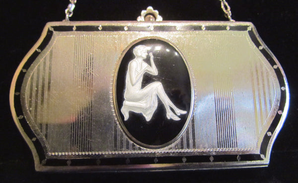 1926 D.F. Briggs Compact Purse Art Deco Silver And Glass Cameo Vintage Makeup Dance Purse