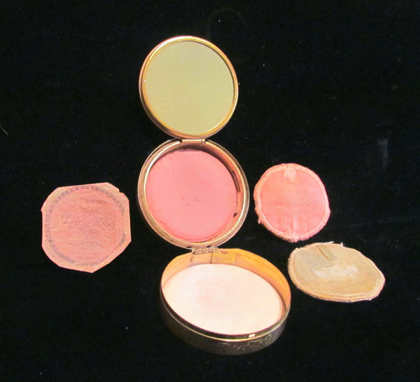 1910 Djer Kiss Double Compact With Powder Rouge Mirror Gold And Green Enamel