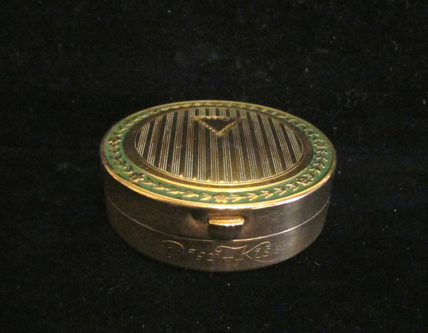 1910 Djer Kiss Double Compact With Powder Rouge Mirror Gold And Green Enamel