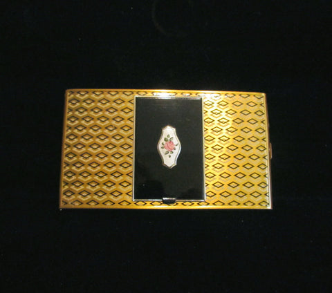 Art Deco Compact Cigarette Case 1940s Guilloche Enamel Powder & Rouge Gold Compact Case