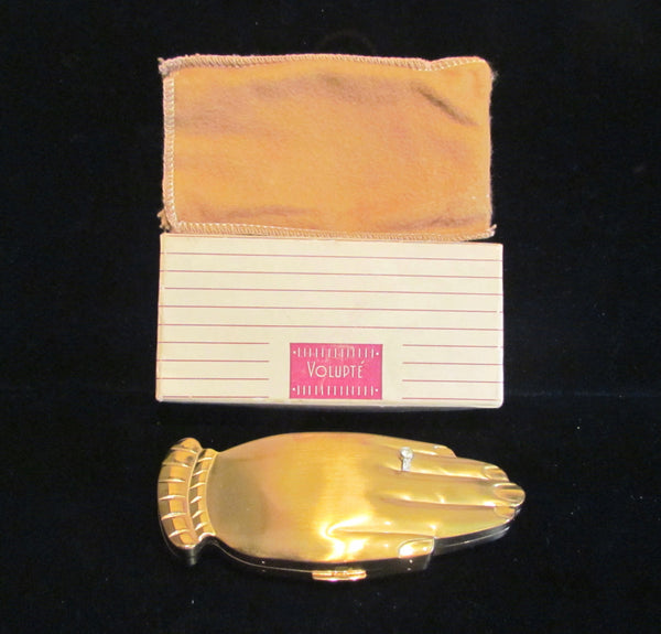1940s Volupte Golden Gesture Hand Compact Rhinestone Engagement Ring Pouch Original Box Unused Rare