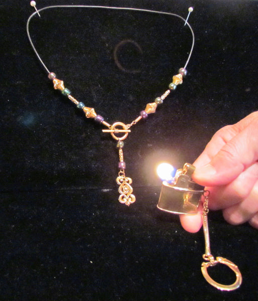 OOAK Gold Pendant Lighter Necklace Handmade Leather & Beaded Vintage Lighter Working Lighter Keychain