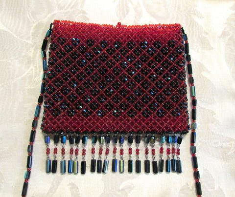 Boho 1960's Handmade Czech Glass Beaded Purse Bohemian Handbag Hippie Retro Red Black Beads Mint Condition