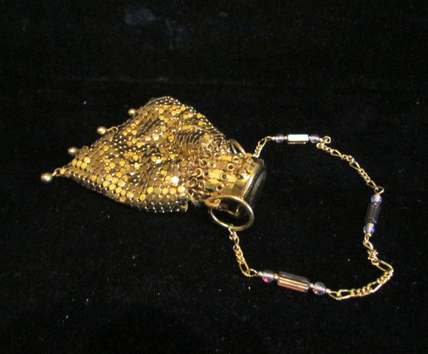 1940s Gold Mesh Gate Top Purse Beggars Bag Accordion Art Deco Hand Beaded Wristlet