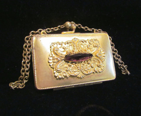 Victorian Gold Compact & Change Purse Antique Chatelaine Card Case Wristlet Purse